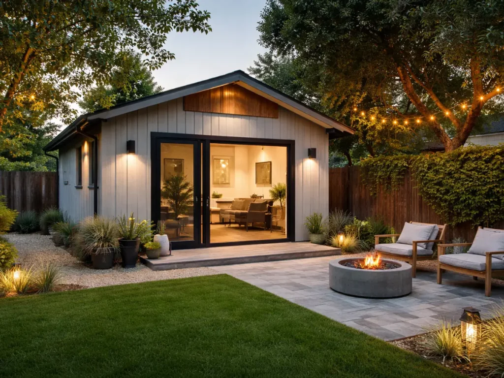 Modern backyard ADU in the Bay Area featuring a finished exterior with natural materials and indoor-outdoor living design