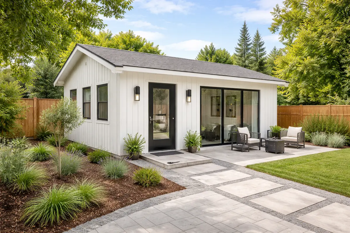 Detached accessory dwelling unit with modern exterior design and landscaped backyard