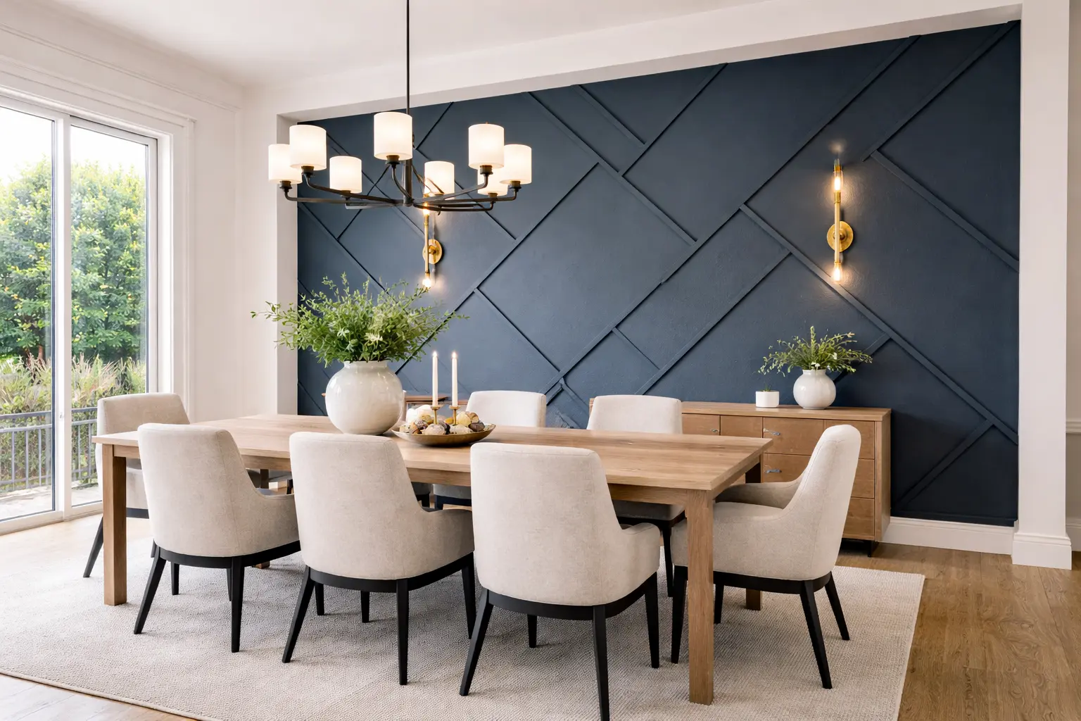 Example of a bright modern dining room with a geometric accent wall and custom lighting