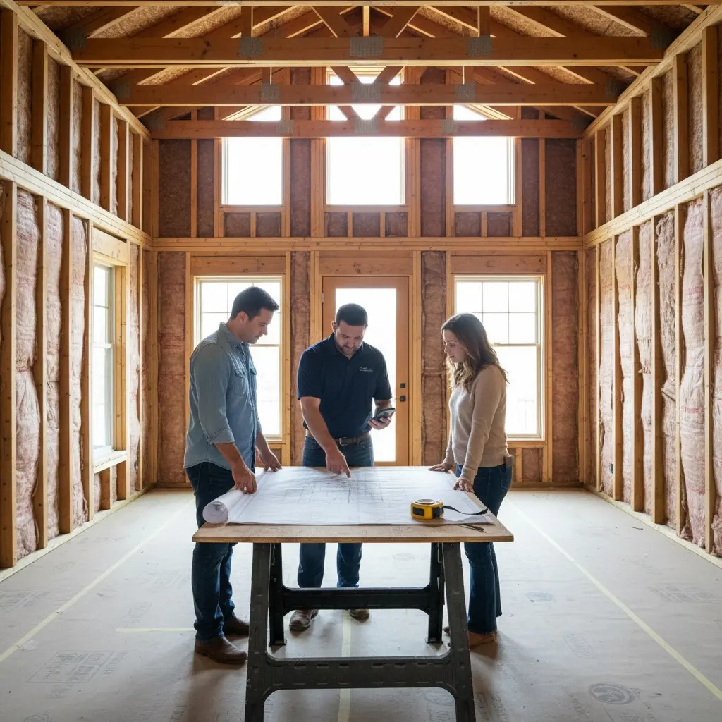 East Bay general contractor reviewing home renovation blueprints with couple during remodeling consultation