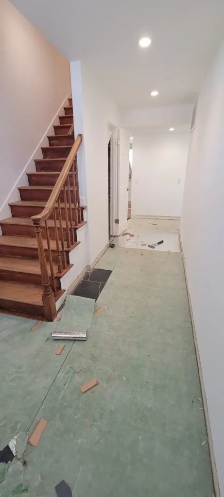 Concord CA entryway flooring installation during remodel with subfloor exposed