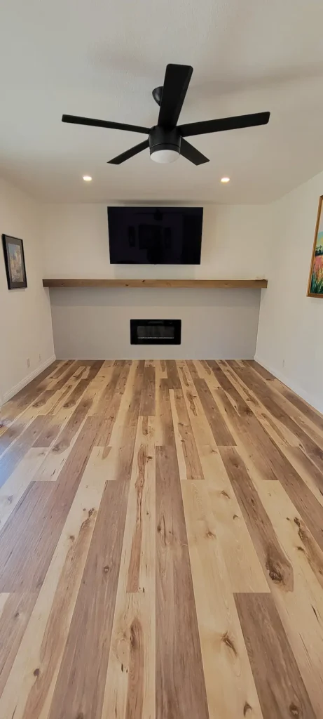 Concord CA living room remodel with modern gas fireplace and new hardwood flooring