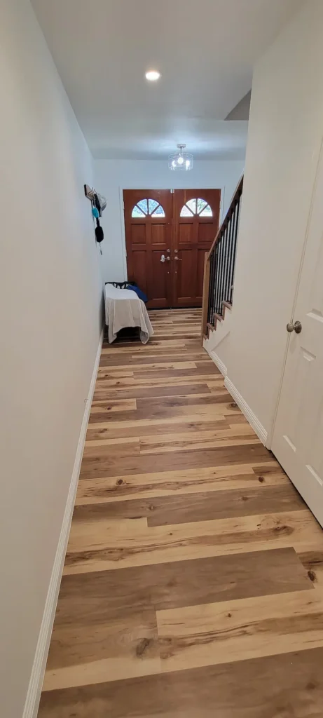 Concord CA entryway remodel with new hardwood flooring and staircase